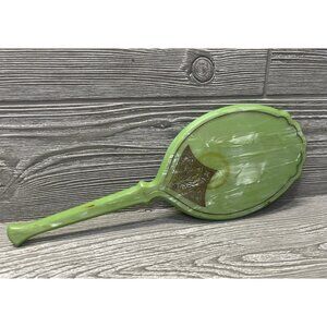 Celluloid Vanity Hand Mirror Green Art Deco Marble Look Embossed Vintage 12.5”